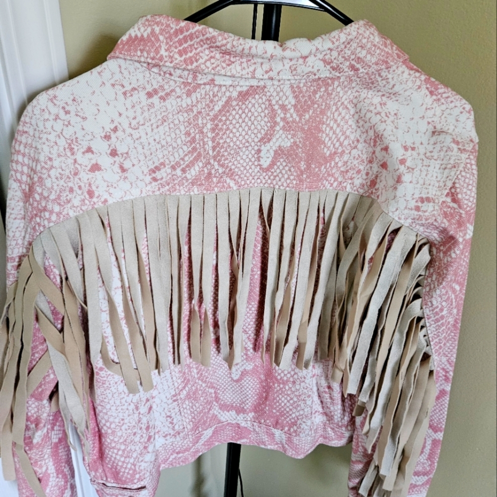 Size Medium Peach Love snakeskin amd fringe Jean jacket